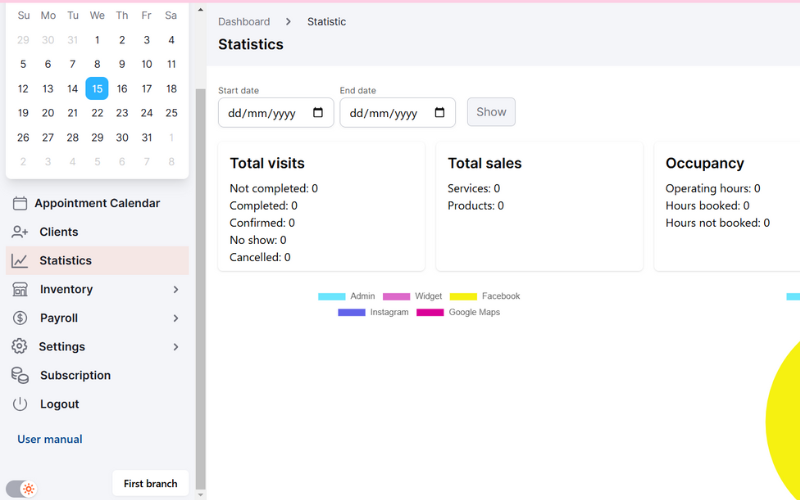 Dashboard in the demo account of Yeswebook
